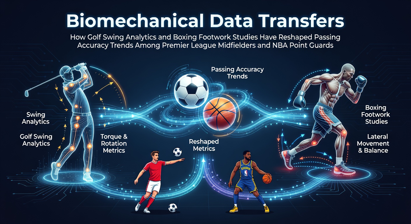Biomechanical analysis tools showing golf swing data overlaid on soccer and basketball passing motions