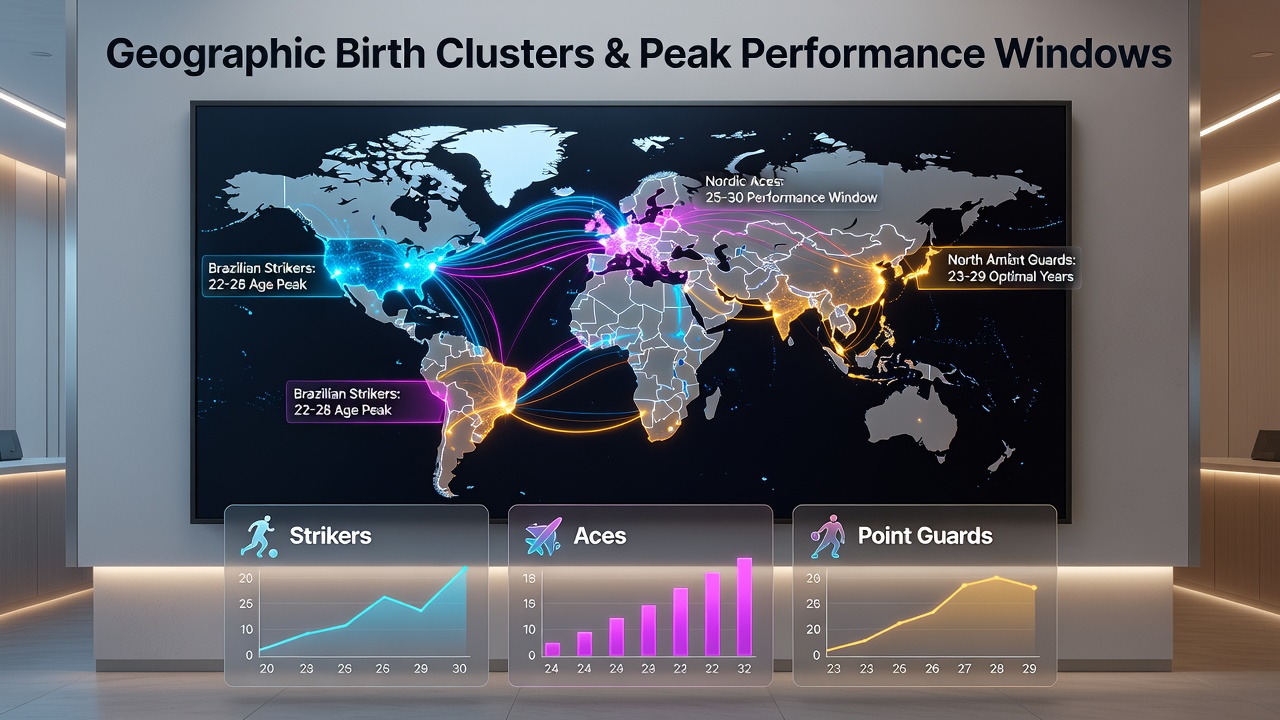 Chart illustrating peak performance age windows for athletes born in different geographic clusters