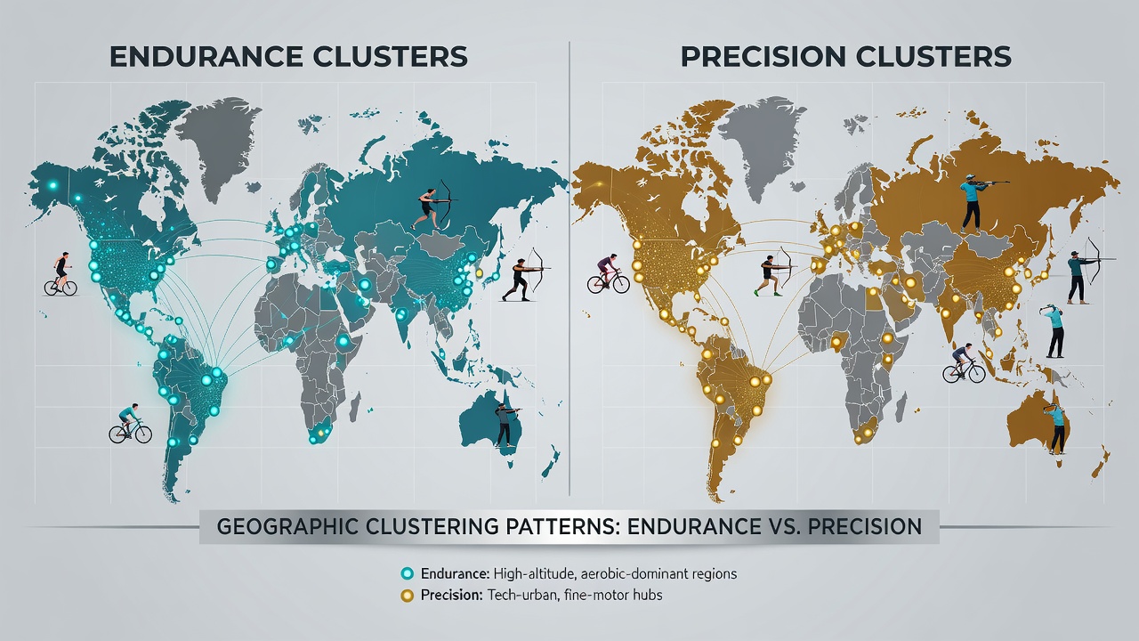 Chart comparing endurance and precision athlete birth locations by decade from 1980 to 2026