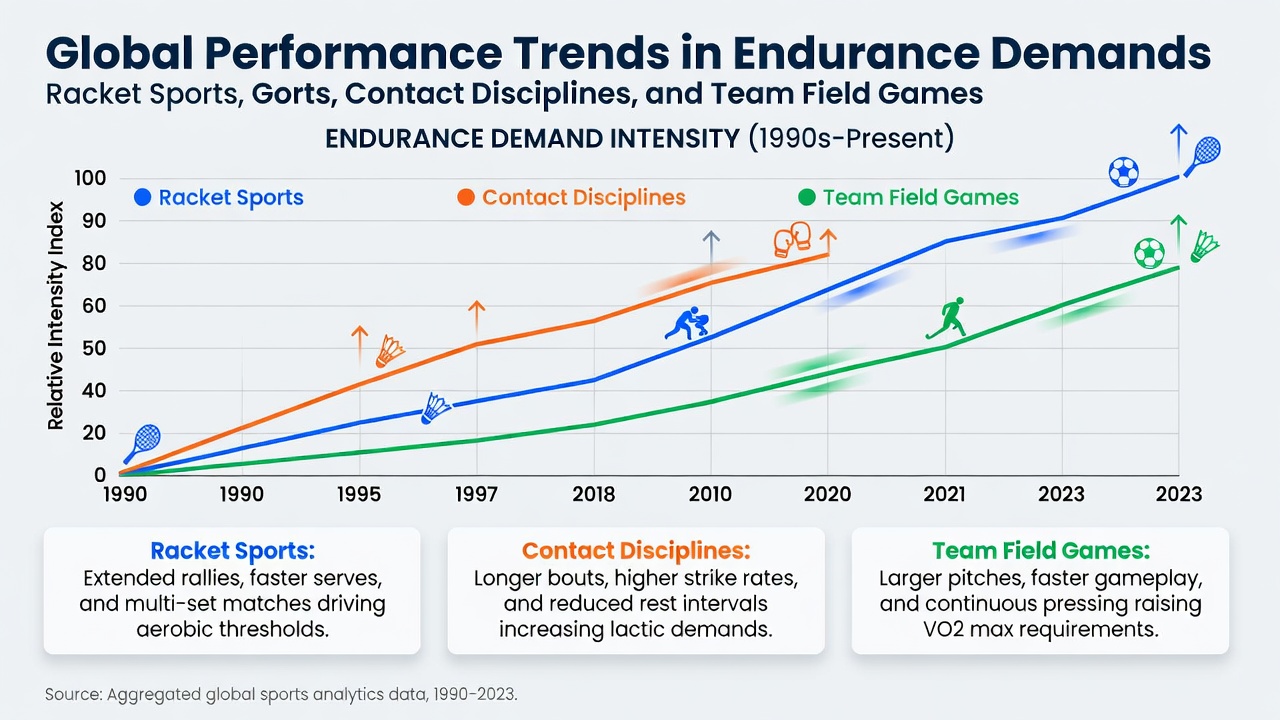 Athletes competing in diverse endurance-focused sports including tennis rallies, boxing bouts, and soccer matches across global venues
