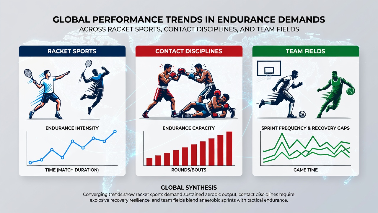 Soccer players executing high-intensity runs and rugby athletes maintaining endurance through extended match phases in international competition