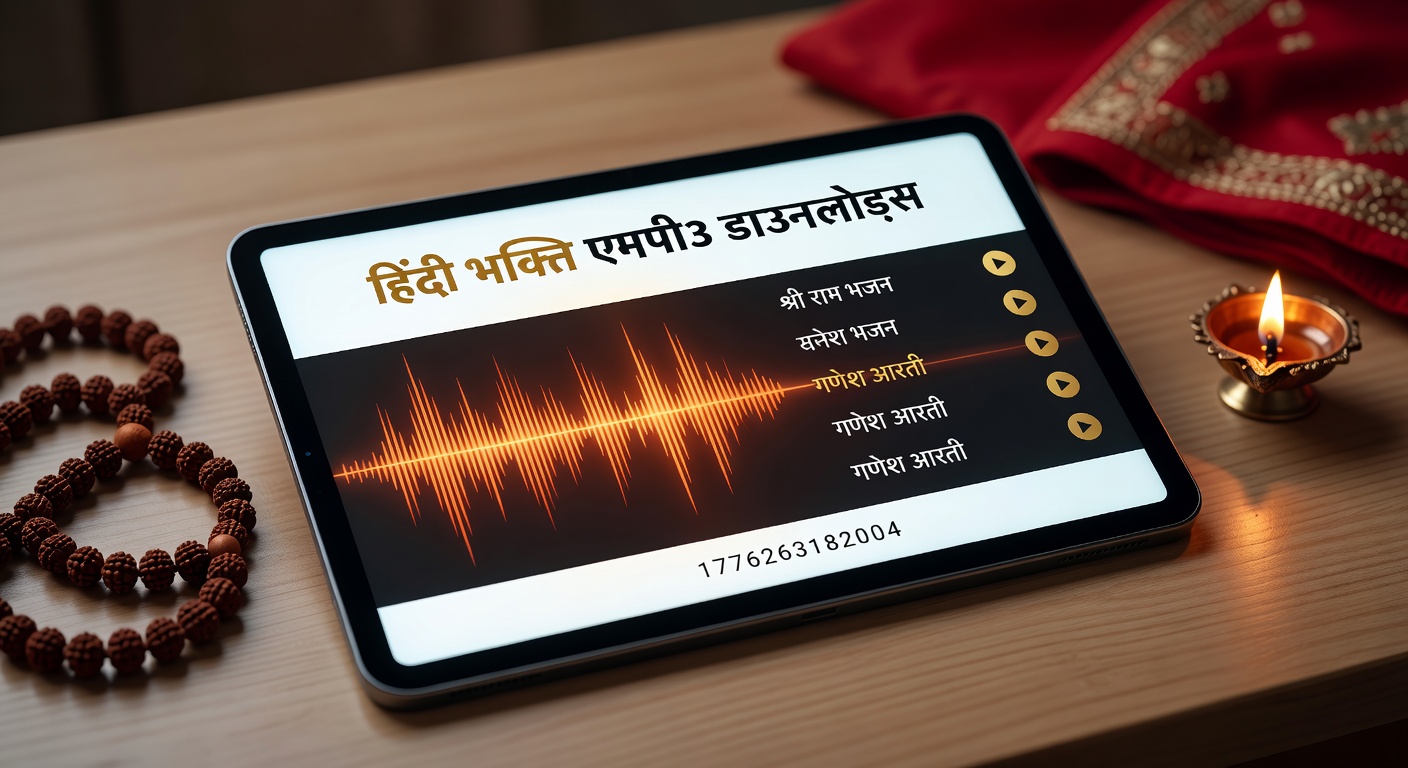 A serene image of devotees gathered around a smartphone streaming Hindi bhajans during evening prayers, capturing the blend of tradition and modern technology