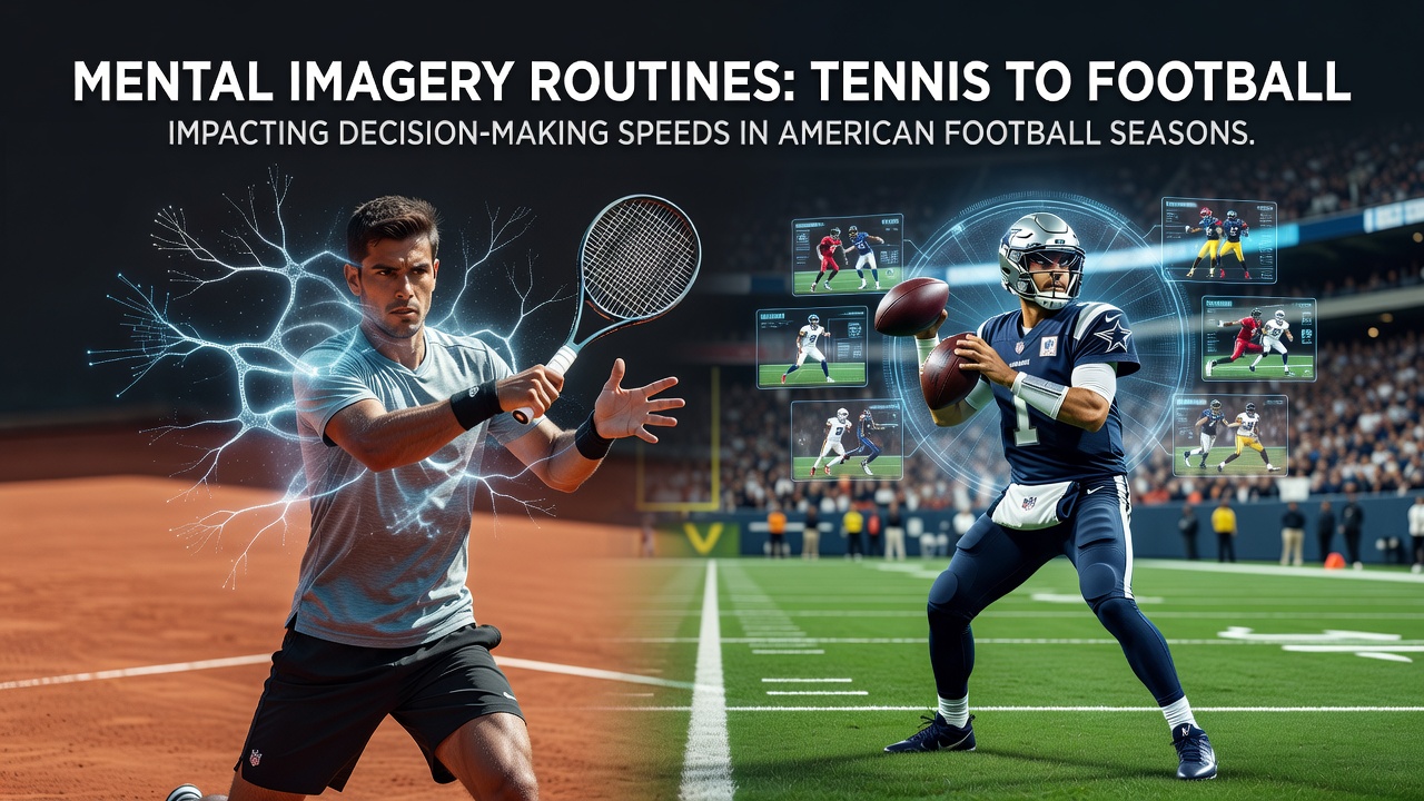Tennis player visualizing a serve during pre-match routine alongside quarterback reviewing play concepts on sideline