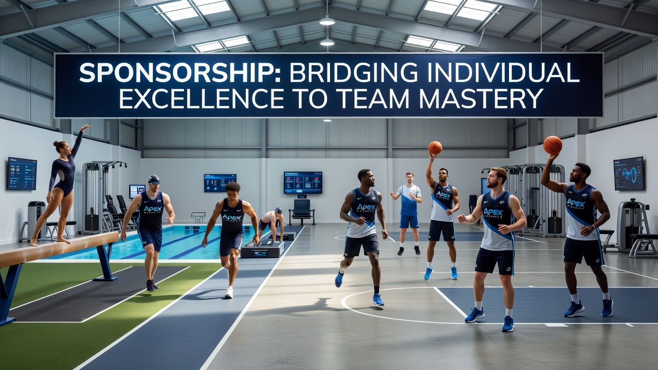 Athletes training in a high-tech facility with sponsorship branding visible on equipment and walls