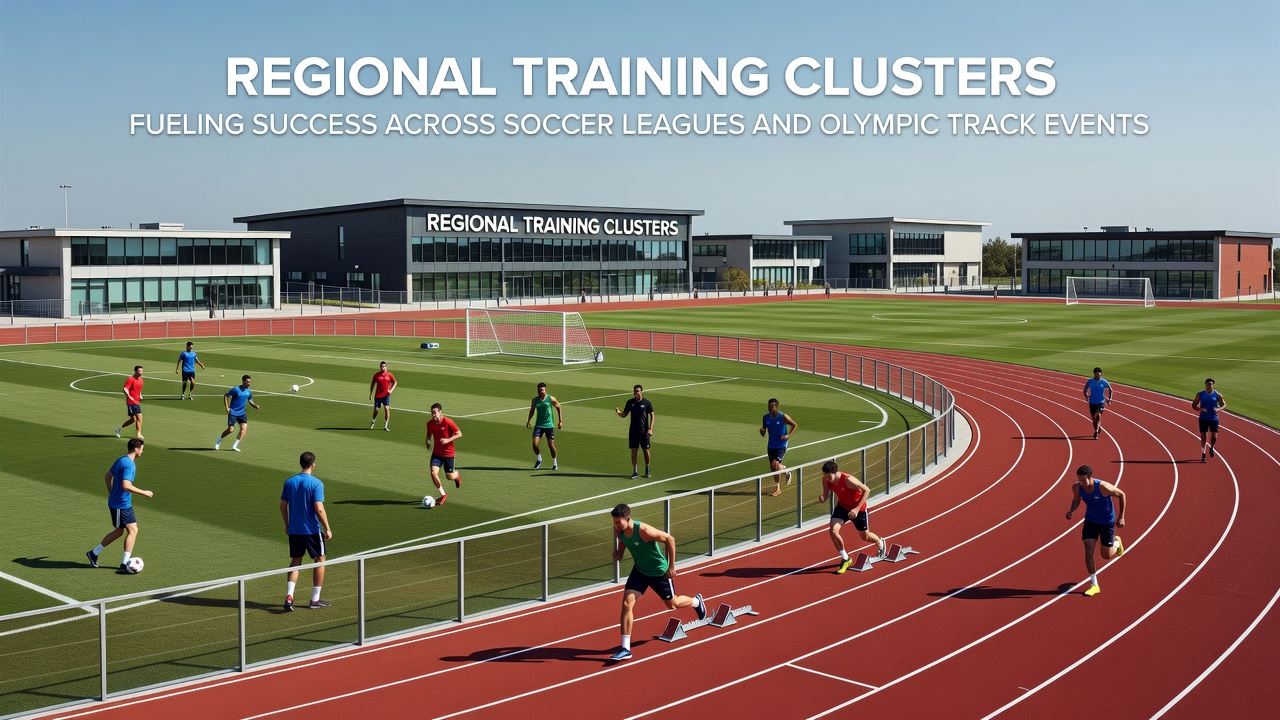 Athletes training in a regional soccer and track cluster facility with coaches observing performance metrics