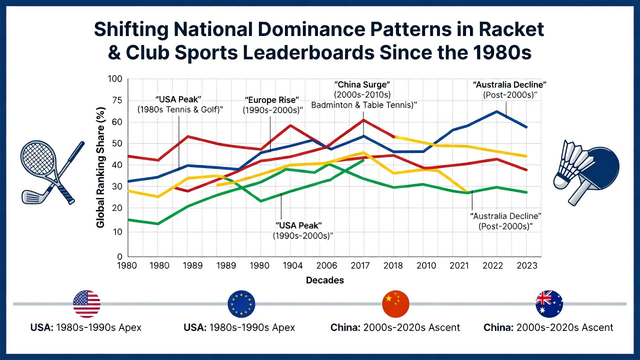 Graph depicting changes in national dominance for badminton, table tennis, and golf rankings over four decades