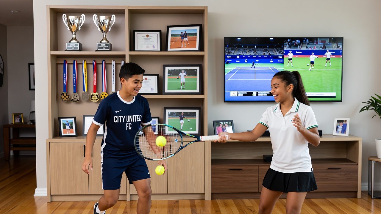 Siblings training together on a tennis court and soccer field, illustrating family athletic environments