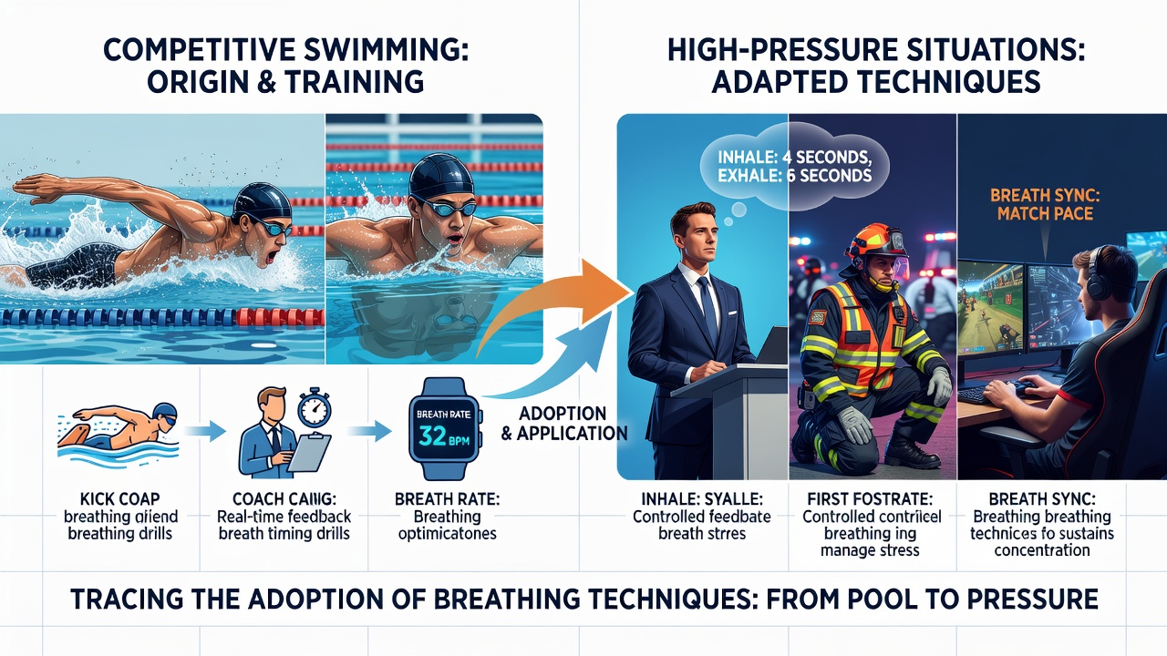 Side-by-side comparison of breathing posture in a swimmer at the pool wall and a soccer penalty taker at the spot, highlighting aligned body alignment and breath timing