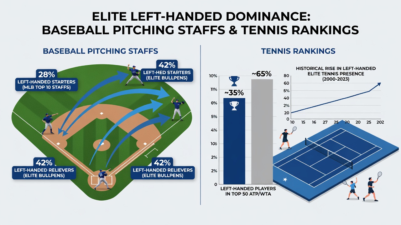 Graph comparing left-handed percentages in elite baseball, tennis, and golf from the 1970s through 2026